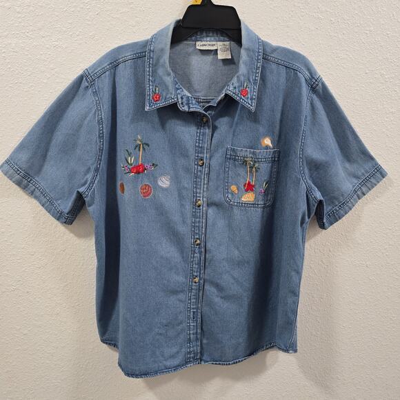 Vintage Cabin Creek Denim Shirt XL Embroidered Palm Trees Seashells Womens Y2K - Picture 12 of 12